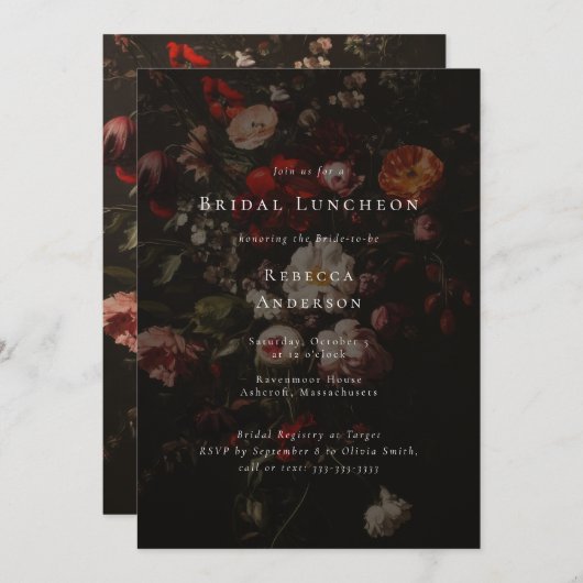 濃いムーディフラワーロマンチック結婚ブライダルシャワー 招待状 (正面/裏面)