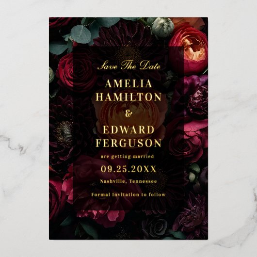 濃いムーディフローラエレガントな結婚式の日付を保存 箔招待状 (正面)