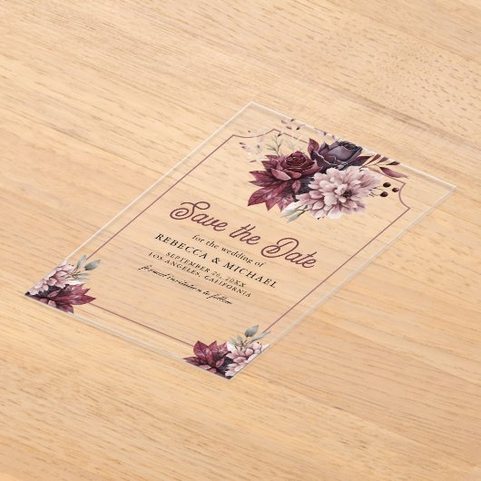 濃いムーディフローラフレーム結婚式の日付の保存 アクリル招待状 (レイダウン)