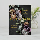 濃いムーディフローラブラック&パープル日付を保存 箔招待状 (立ち正面)