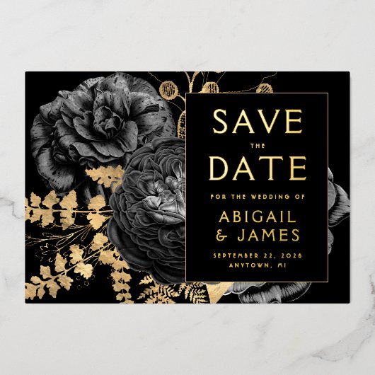 濃いムーディフローラ黒い金ゴールド結婚式の日付を保存 箔招待状 (正面)