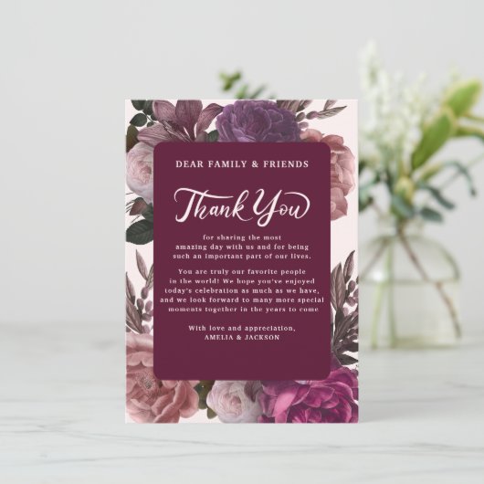 濃いムーディブルゴーニュと紫のフローラ結婚の サンキューカード (スタンド正面)