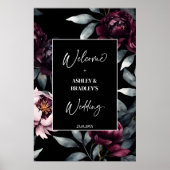 濃いムーディブルゴーニュの花の歓迎サイン ポスター (正面)