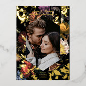 濃いムーディロマンチックなフローラ写真日付の保存 箔招待状 (正面)