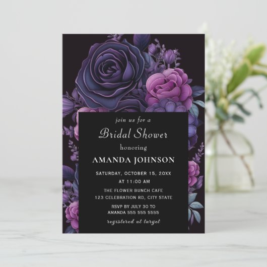濃いムーディースゴシックパープルフラワーブライダルシャワー 招待状 (スタンド正面)