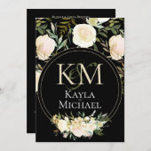 濃いムーディ結婚ズのモノグラム白いバラ 招待状 (正面/裏面)