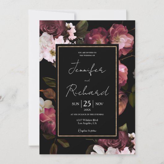 濃いムーディ結婚ーズ紫の花が黒エレガント色 招待状 (正面)