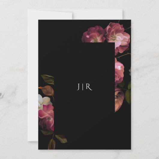 濃いムーディ結婚ーズ紫の花が黒エレガント色 招待状 (裏面)