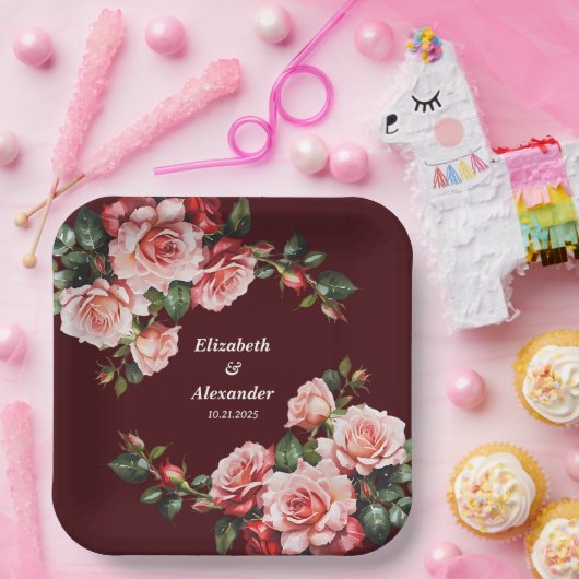 濃いムードのピンクと赤いバラのマーン結婚ズ ペーパープレート (パーティー)