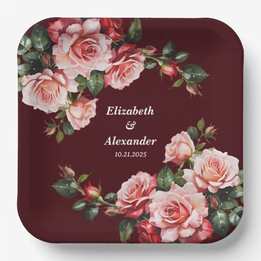 濃いムードのピンクと赤いバラのマーン結婚ズ ペーパープレート (正面)