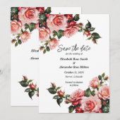 濃いムードのピンクと赤いバラの緑結婚色 セーブザデート (正面/裏面)