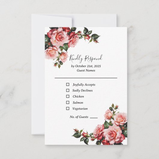 濃いムードのピンクと赤いバラの緑結婚色 出欠カード (正面)