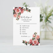 濃いムードのピンクと赤いバラの緑結婚色 出欠カード (スタンド正面)