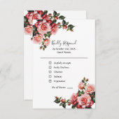 濃いムードのピンクと赤いバラの緑結婚色 出欠カード (正面/裏面)