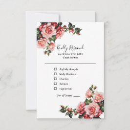 濃いムードのピンクと赤いバラの緑結婚色 出欠カード