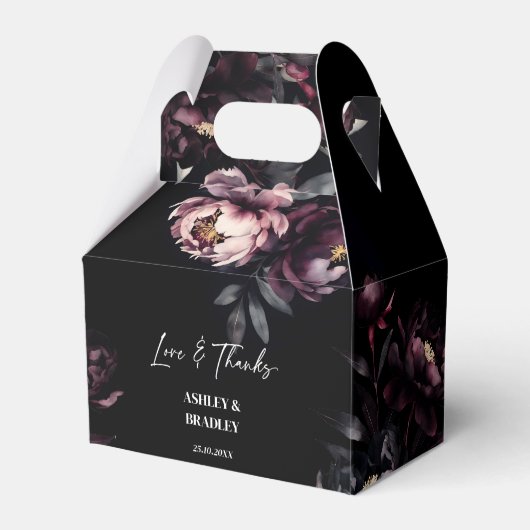 濃いムードのブルゴーニュ色の花結婚式の引き出物 フェイバーボックス (正面サイド)