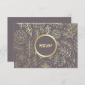 濃いモカ |金ゴールド花柄ウェディングRSVPカード 出欠カード (正面/裏面)