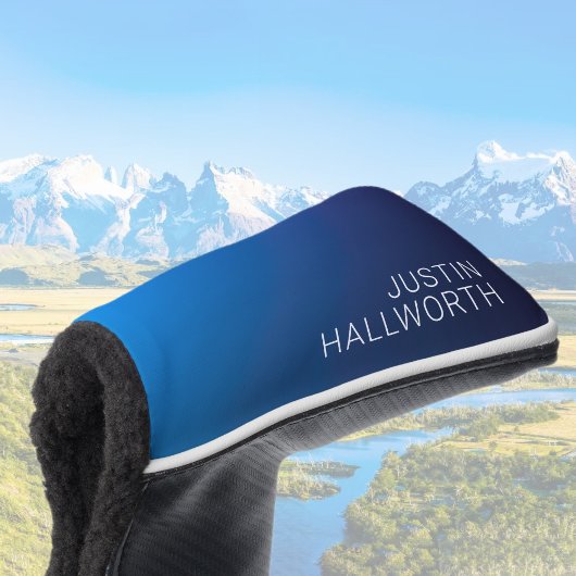 濃いモダン青色のグラデーションと編ミニマル集文字 ゴルフヘッドカバー