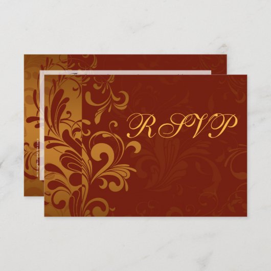 濃いレンガ色とゴールドの逆スワールRSVP 出欠カード (正面/裏面)