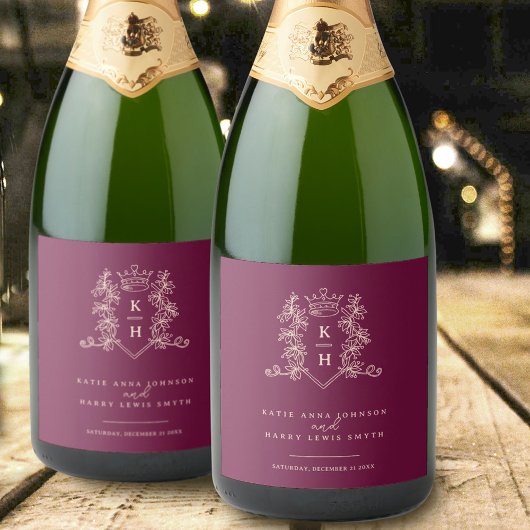 濃いワインレッド写真クラウンモノグラム結婚ズ スパークリングワインラベル