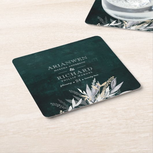 濃いヴィンテージリースと粗野な葉の贈答ラベル スクエアペーパーコースター (アングル)