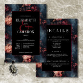 濃いヴィンテージ赤とピンクのフローラ両面結婚 招待状