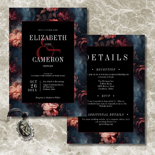 濃いヴィンテージ赤とピンクのフローラ両面結婚 招待状