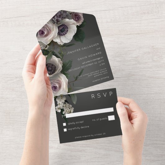 濃い木炭と白いフローラモダンNo Dinner オールインワン招待状 (貼ってはがせる)