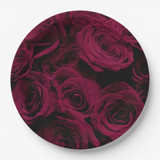 濃い深い赤マゼンタバーガンディバラ ペーパープレート (正面)