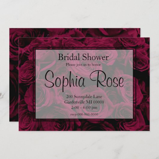 濃い深い赤マゼンタバーガンディバラ 招待状 (正面/裏面)