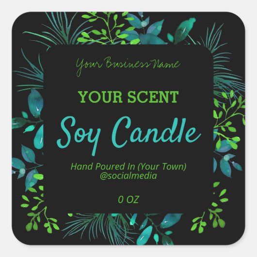 濃い濃い青の緑の葉付き製品ラベル スクエアシール (正面)