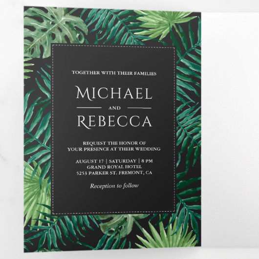 濃い灰色と緑の葉の結婚写真 三つ折り招待状 (内部最初)