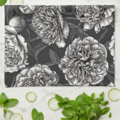 濃い灰色に白い牡丹の花 キッチンタオル (折り畳み)