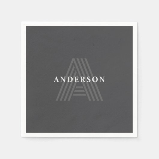 濃い灰色のレトロモダンモノグラムの名 スタンダードカクテルナプキン (正面)