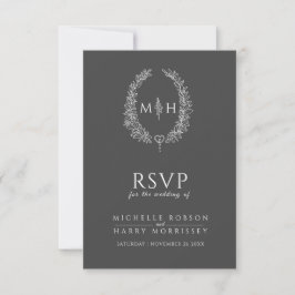 濃い灰色の手描き葉モノグラムRSVP 結婚's 出欠カード