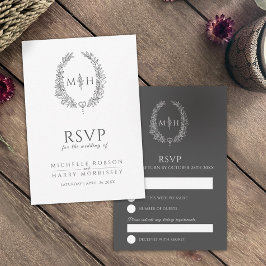 濃い灰色の手描き葉モノグラムRSVP 結婚's 出欠カード