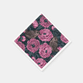 濃い灰色の牡丹とレンチ スタンダードカクテルナプキン (角)