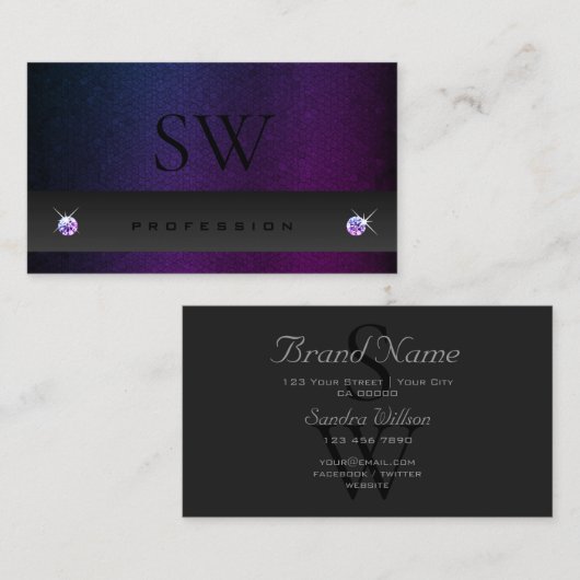 濃い灰色の青い紫のグラデーションパターンイニシャル 名刺 (正面/裏面)