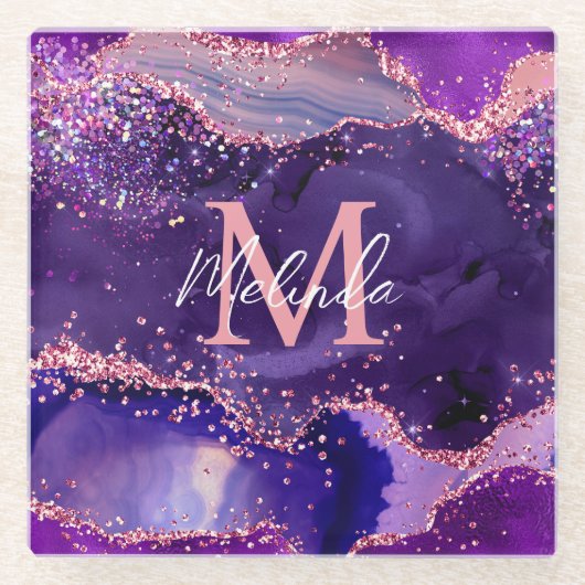 濃い紫とピンクのグリッター続編アゲート ガラスコースター (正面)