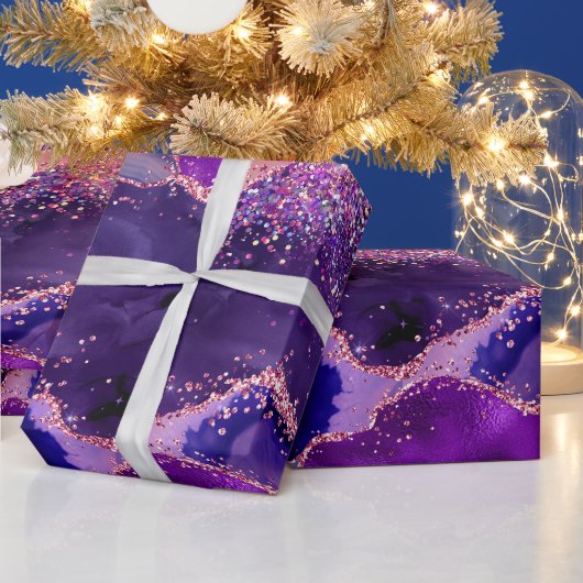 濃い紫とピンクのグリッター続編アゲート ラッピングペーパー (クリスマス)