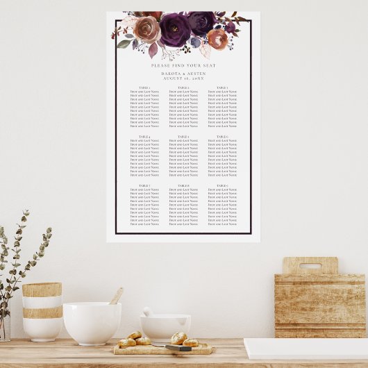濃い紫と白のフローラ結婚の座席表 ポスター (キッチン)