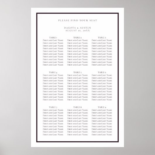 濃い紫と白シンプルの結婚座席表 ポスター (正面)