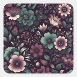濃い紫と緑の花模様 スクエアシール
