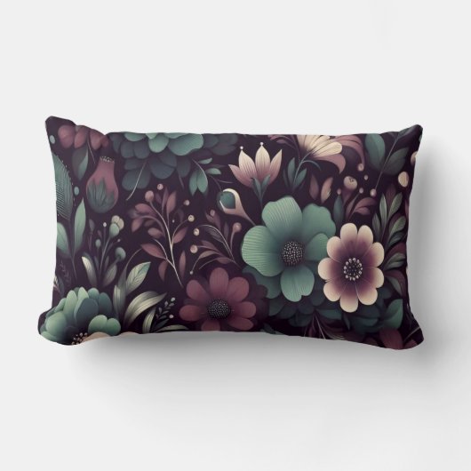 濃い紫と緑の花模様 ランバークッション (正面)