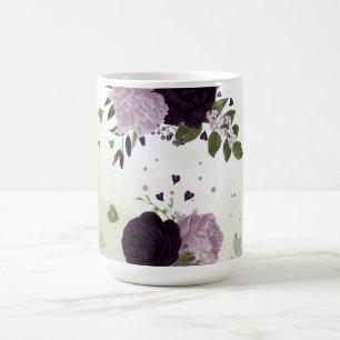 濃い紫と薄い紫の花 緑の葉 コーヒーマグカップ