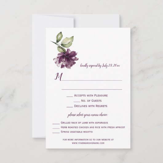 濃い紫と赤のフローラ枠のメニュー選択RSVP 出欠カード (裏面)
