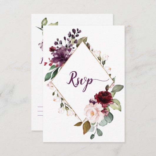 濃い紫と赤のフローラ枠のメニュー選択RSVP 出欠カード (正面/裏面)