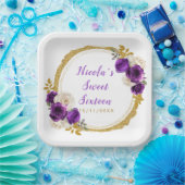 濃い紫と金ゴールドエレガントの花Sweet sixteen ペーパープレート (パーティー)
