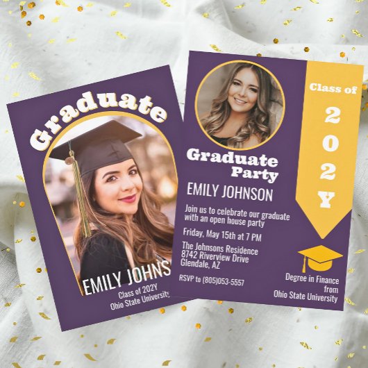濃い紫と黄色と写真付き卒業 招待状