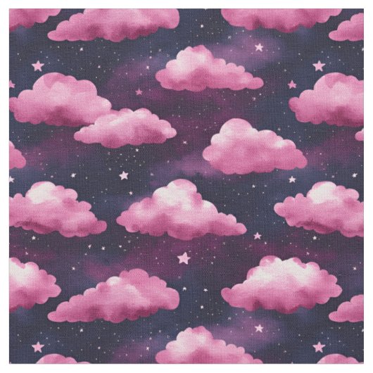 濃い紫にピンクの雲と星 ファブリック (クローズアップ)
